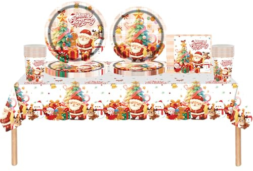 69 Pièces Vaisselle en Papier de Noël, Sapin de Noël Père Vaisselles Jetables avec Assiettes Papier Gobelet Serviettes Plastique Nappe pour 16 Invités, Vaisselle-pour VacancesNoël Table Fêtes Décor