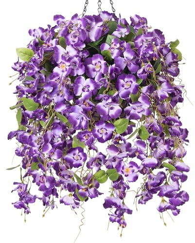 Artificial Fake Hanging Hibiscus Flowers Plants Baskets for Outdoor Decoration, Faux Silk Hibiscus Long Vines in Planter UV Resistant Realistic Flowers for Outside Porch Patio Home Decor, Darkpurple