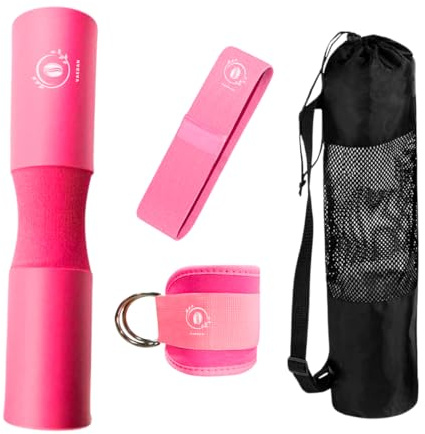 Coussin barre de gymnastique, chevillères pour poulie gym et bande élastique. Set d'accessoires d'entraînement pour fessier et jambe pour femme. Comprend un sac de transport et un livre électronique