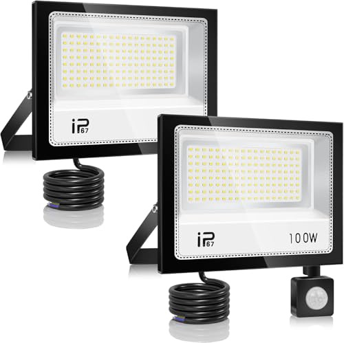 Foco Led Exterior 100W con Sensor Movimiento 2 Pcs, Iluminación de Exterior Seguridad,7000K Blanco Frío, Proyector LED Exterior,IP67 Impermeable 10000LM, para Patio, Garaje, Entrada, Fábrica,Campo