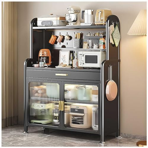 Modernes schwarzes Bäckerregal – Mikrowellenständer mit 5 Etagen und Schublade, verstellbare Regale, freistehend, Küchenschrank, 147,3 x 80 cm, stilvoller Nizer für Küche und Esszimmer