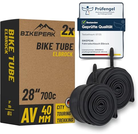BikePeak Inner Tube City 28 Inch with black Schrader Valve 40 mm – Bicycle AV Tube ETRTO 28/47-622/635, 700C – Set of 2 Tubes Elbrock