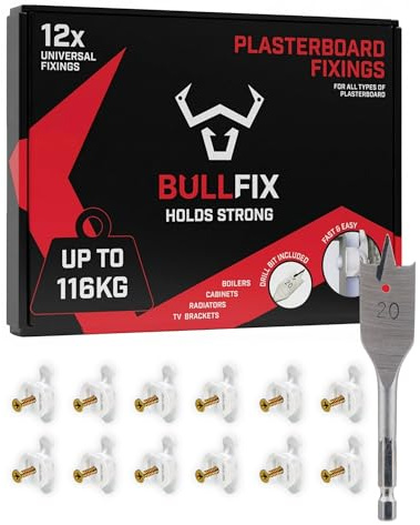 Bullfix Universal Plasterboard Fixings Heavy Duty - 12 Pack, Drywall Anchor for Dot & Dab, Stud & Hollow Cavity, Wall Anchor Kit with Screws, Holds Up To 116kg, 20mm Drill Bit