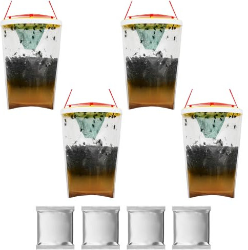 AOOWU Trappola per Antimosche da Interno Esterno, 4 Pezzi Trappola per Mosche, Appendere Trappola per Zanzare, Cattura Mosche con Alimenti per Giardino, Casa, Cucina, Zanzare, Esterno, Interno