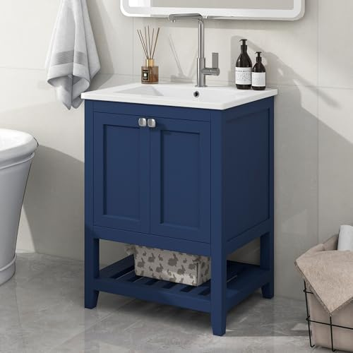 GigaXynium Mobile da bagno singolo con mobiletto 80 cm con lavabo in ceramica (blu)
