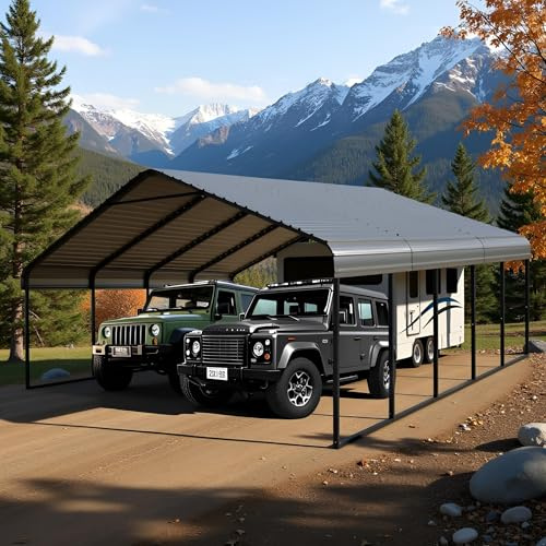 20x20 FT Heavy Duty Metal Carport with Galvanized Steel Roof & Frame - All-Weather Portable Garage Shelter for 2 Cars, Safe Boat Cover & Yard Protection
