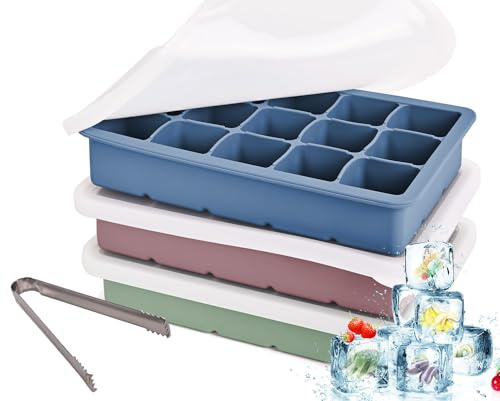 3 Stück Eiswürfelform, Silikon Eiswürfelbehälter XL Mit Deckel, Stapelbar und Spülmaschinenfest Eiswürfelformen, Für Bier,Wein,Cocktail, BPA Frei (3 Farben, 3er Set(45 Eiswürfel))