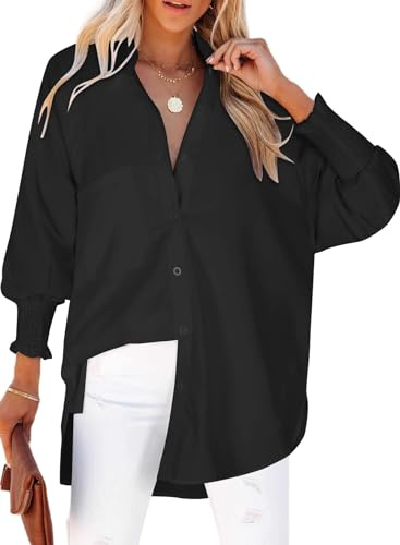 Chicrise Camicia da Donna a Righe, a Maniche Lunghe, Oversize, Leggera, con Tasca, Basic Casual, Nero Puro, XXL