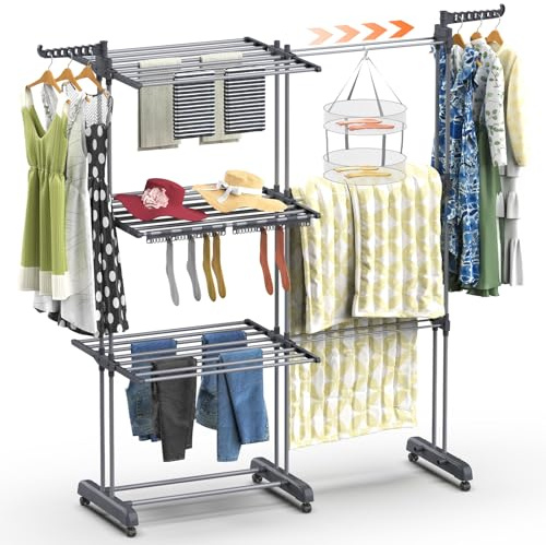 Huracan Stendibiancheria a torre 2 in 1, pieghevole, allungabile e salvaspazio, torre di biancheria, stendibiancheria a torre alto, stendibiancheria ad ali Clothes Drying Rack, 3 piani e 2 supporti
