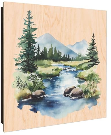 banjado Design Schlüsselkasten Holz für 50 Schlüssel - Schlüsselbox mit bedruckter Holzfront - Korpus schwarz Scharnier rechts 30 x 30cm groß - Schlüsselaufbewahrung Motiv Bergfluss in der Natur
