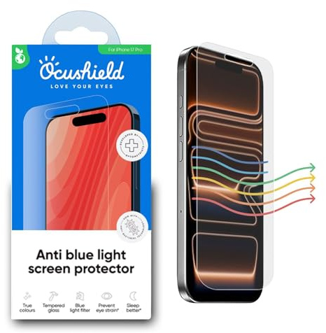 Ocushield Protection ecran anti-lumiere bleue iPhone 17 Pro | Compatible ecran 6,3 pouces. Verre trempe 9H filtre UV et lumiere bleue. Concu par des optometristes au Royaume-Uni.