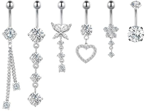 CharmBurst Set da 6 pezzi di piercing da pancia appeso, piercing da unghia in acciaio chirurgico argento con zirconia, anello da piercing da pancia, piercing da pancia, p