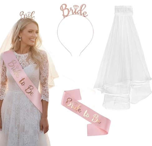 PEVRUAY Bride to Be Schärpe und Schleier, Frauen Junggesellinnenabschied Accessoires Weiß Braut JGA Rosegold Stirnband Tiara, Hochzeit Fotorequisiten Spiele Zubehör für Bachelorette Party