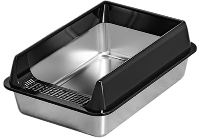 Kattlåda i rostfritt stål, kattsandsbricka i rostfritt stål med skopa halvsluten metall kattsandspanna hög sidig stora ströar för sovsal lägenhet vardagsrum bil, 40 x 30 x 15 cm (svart)