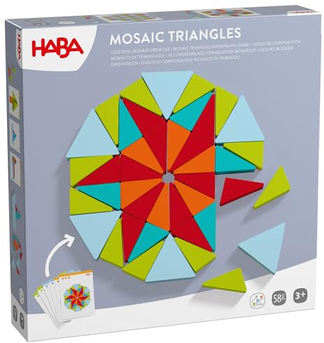 HABA Legespiel Mosaik-Dreiecke – Holzspielzeug für Kinder ab 3 Jahren – Lernspiel mit 10 Vorlagenkarten & 48 Holzdreiecken zur Förderung von Kreativität – 2012371001