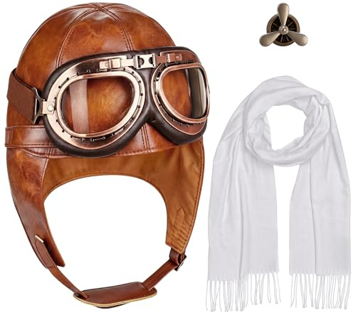 Horolam Fliegermütze mit Brille Zubehör, Pilot Hut Brille Set mit Weißem Schal Brosche für Männer Erwachsene Frauen für Halloween Karneval