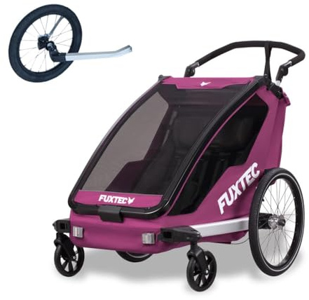 Fuxtec Remolque de bicicleta 2 en 1 con rueda de jogger FX-FA1-SET-PURPUR con remolque para 2 niños de aluminio – Remolque infantil plegable con protección contra la lluvia y el sol