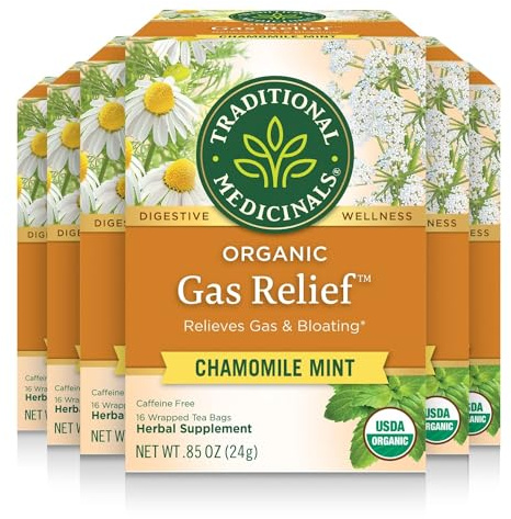 Traditional Medicinals Organic Gas Relief Digestive Tea (Pack of 6) - Relieves Gas & Bloating- 96 Tea Bags Total