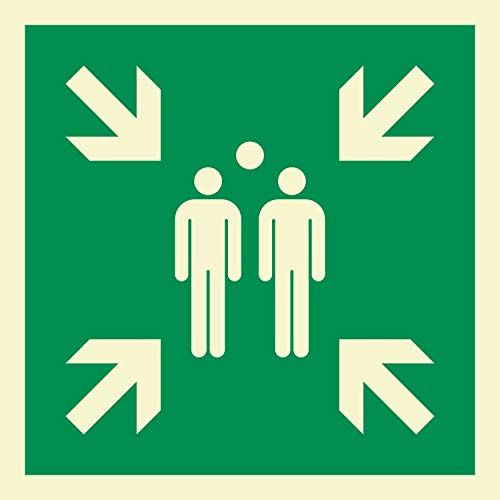 Schild Sammelstelle Rettungszeichen nachleuchtend ASR A1.3 200 x 200 mm | 3 mm Alu-Verbund mit nachleuchtender Folie, langnachleuchtend nach ASR A1.3, wetterfest, Made in Germany