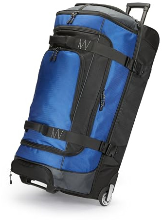 Amazon Basics 35-Inch Large Rolling Duffel Bag for Travel with Wheels and Handle, Durable Ripstop Polyester, 2 Layers of Space, Multiple Interior and Exterior Pockets, Blue