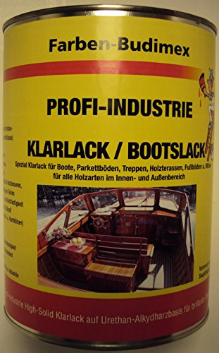 Farben-Budimex Profi-Industrie Klarlack/Bootslack/farblos/seidenmatt / 5 L/Spezial Klarlack für Boote, Parkettböden, Treppen, Holzterassen, Möbel u.v.m. / Alkydharzlack (Lösemittelbasis)