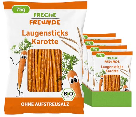 FRECHE FREUNDE Bio Laugensticks Karotte, Knabberstangen ohne Aufstreusalz, für Kinder & Babys, mit Dinkelmehl, vegan, Kindersnack, 15er Pack (15 x 75 g)
