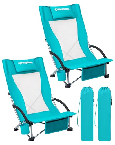 KingCamp Low Beach Chairs 2 Pack, Folding Portable Chair for Adults lightweight Extra Wide Ergonomic High Back Seat 300lbs Heavy Duty Oversized Gear with Carry Bag for Outdoor Lawn Camping Picnic