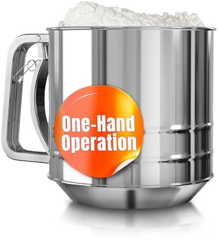 5 Cup Flour Sifter for Batch Baking — Easy One-Hand Press, Double Mesh, Comfortable Grip & Dishwasher Safe — Large Capacity Flour Sifter Stainless Steel for Powdered Sugar, Cocoa, Pastry & Pancake Mix