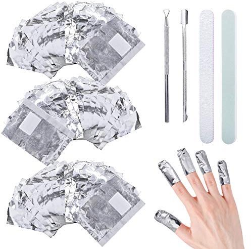 300pcs Feuille d'aluminium Dissolvant, Ultra-minces aluminium vernis semi permanent pour retirer vernis à ongles, Paquet Papillotes Ongles d'Aluminium avec bande de lime à ongles & poussoir cuticules