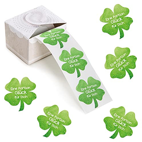 Glücksbringer Aufkleber, 200 Stück: Kleeblatt Sticker-Rolle, Prüfung, Abitur & Führerscheinprüfung, Für Silvester & Neujahr, Prüfungsglücksbringer Abi, Geschenk Frauen, Männer, Viel Glück, 5 cm