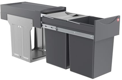 Hailo Abfallsammler Tandem 3666102 | für Schränke ab 300 mm Breite | Einbau Mülleimer 2 x 15L mit Biodeckel | Vollauszug mit Teleskopschienen | Anthrazit