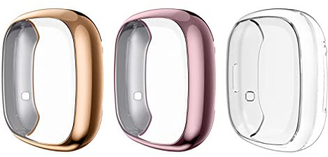 MoKo 3 Stücke Schutzhülle Kompatibel mit Fitbit Versa 3/Fitbit Sense, Weiche TPU Ultra Dünn Rundumschutz Hülle Ganzkörper Cover Bumper Case Displayschutz Zubehör - Rosa/Gold/Klar
