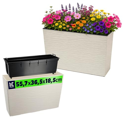 KADAX Blumenkasten aus Kunststoff, 18,5x55,7cm, 5 Farben, Blumentopf mit Bewässerungsbändern, Balkonkasten mit Einsatz, Pflanzkasten für Außen, Blumenkubel (Rechteckig, Ritzmuster, Creme)
