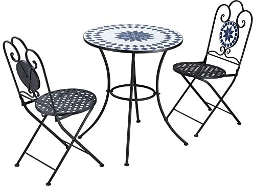 Outsunny 3 Pz Set da Esterno con 2 Sedie Pieghevoli e 1 Tavolino Rotondo con Design Floreale a Mosaico, in Metallo e Pietra