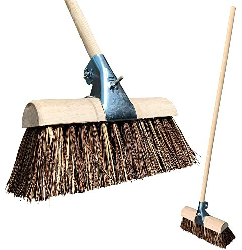 Saddleback Yard Broom Outdoor Heavy Duty, 13” Saddle Broom Curved Top with Bassine/Cane Bristles, Metal Clamp, and Long Wooden Handle, Hard Bristle Cleaner for Stables & Farm Yards