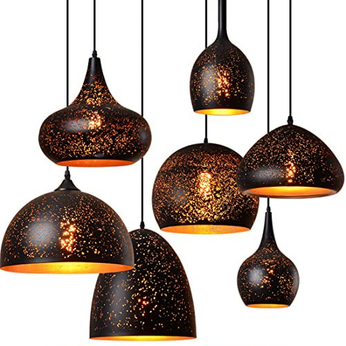 Retro Runde Pendelleuchte Lüster Vintage Loft Industrielle Lampenschirm aus Schwarz Metall Hängelampe Rustikal Kreativ E27 Deckenbeleuchtung für Esszimmer/Küche/Büro/Bar Anhänger Höhenverstellbar (C)