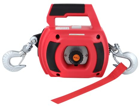 Lonsge Cabrestante de taladro portátil, gira el gancho 360 grados, cabrestante de mano rojo de capacidad de 750 libras con cuerda de alambre de aleación de 40 pies para levantar y arrastrar, valla de