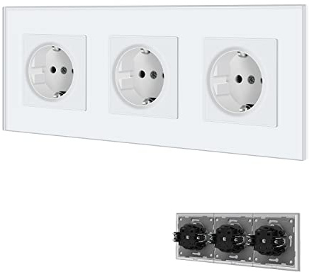 BSEED Schuko Steckdose 3 Fach mit Steckklemme Kristall Glas Platte 16Amp Einbausteckdose Unterputz Steckdose 228mm Weiß Verlängerungssteckdosen Wandsteckdose