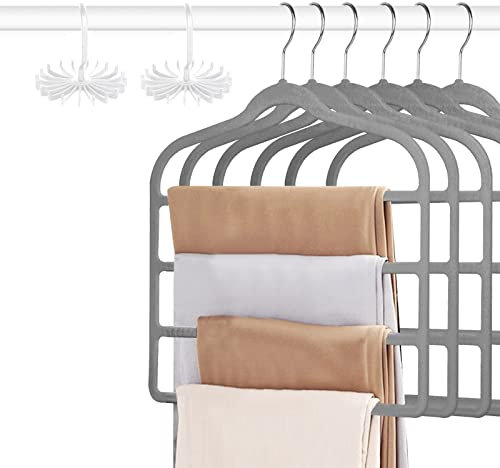 Tinfol 6 x Samt-Kleiderbügel, Grau, Platzsparend, Rutschfest, 4-stöckig, 5 kg Tragfähigkeit, Schrank-Organizer, Hosen, Jeans, Krawattenbügel