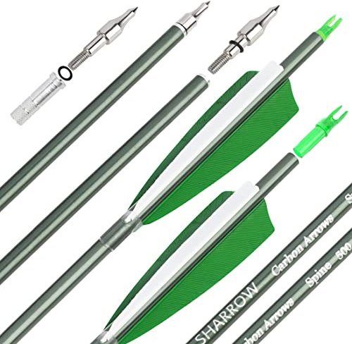surwolf 31 Carbonpfeile Bogenschießen Jagdpfeile 500 Spine mit Federn Geflochtene Zielübungspfeile für Bogenschießen Compound&Recurve&Langbogen 6/12St.