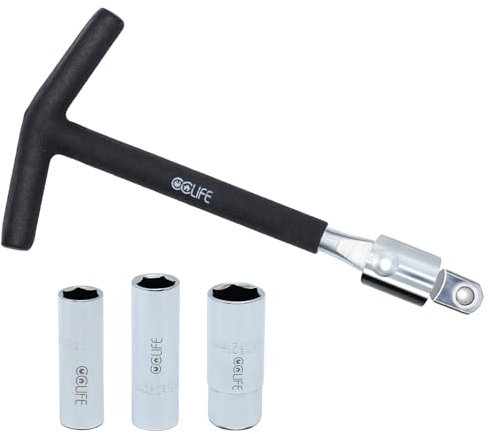 CCLIFE Zündkerzenschlüssel Universal 16mm, 18mm, 21mm 4-teilig für Auto und Motorrad, T-Griff 1/2” Zündkerzensteckschlüssel, Zündkerzenentferner-Werkzeug, Schwarz