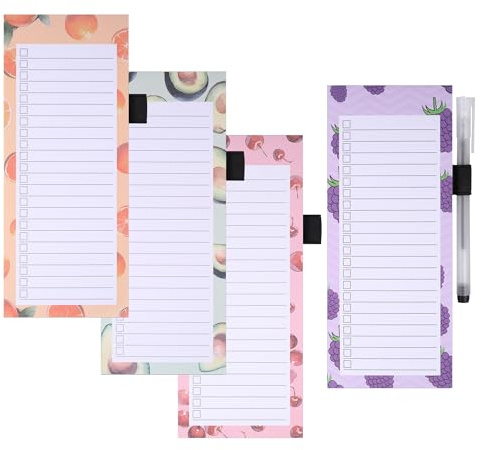 JIANTA Magnetische Notizblöcke,4 Einkaufsliste Magnetisch Kühlschrank | 4 To Do Listen Block, mit Stiftharterung, 1 Stück Stifte, Liniert, Abreißbar, Einkaufszettel 50 Blatt/Block - 9 cm x 21 cm