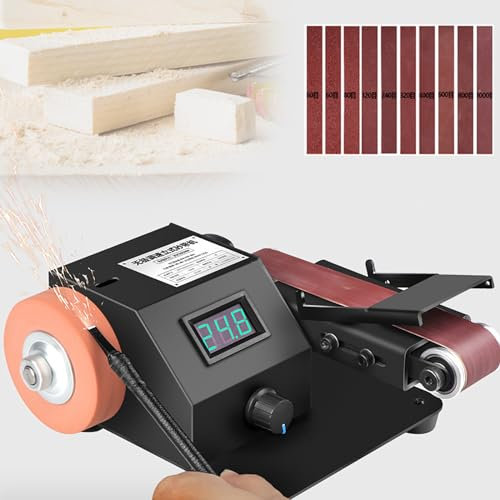 OmePS Mini lijadora de Banda eléctrica de 350 W, lijadora de Banda de Escritorio, Pantalla Digital Inteligente, máquina pulidora de Velocidad infinitamente Variable con portabrocas y Juego