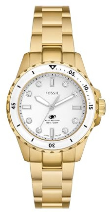 Fossil Blue Dive Watch for Women, Quartz Movement with Stainless Steel or Leather Strap, Gold Tone and White