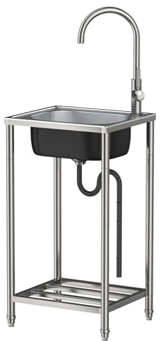 Edelstahl Spültisch Spülbecke Freistehende Küchenspüle 1 Becken Mobiles Waschbecken multifunktionale Gewerbliche Spüle für Außen Innen Wäsche Garage Restaurant Inkl Zubehör-set (Edelstahl,82x42x37cm)