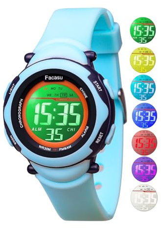 Facasu Orologio digitale per bambini e ragazzi, impermeabile, luce colorata, per sport all'aria aperta, facile da leggere e regolare l'ora con allarme (Blu)