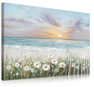 XMYATELi Sunrise Ocean Wall Art with Wildflowers Canvas Picture 30x40 Cm Framed Beach Picture for Bathroom Bedroom Wall Decor Blue Seascape Painting