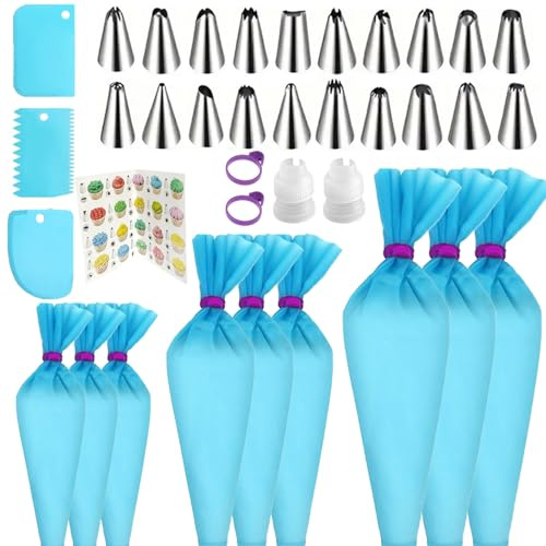 Reusable Piping Bags and Tips Set - Silicone Pastry Bags 3X (12’’+14’’+16’’) with Icing & Frosting Tips for Cake Decorating, Cupcakes, Cookies, Deviled Eggs, and Baking Accessories, Baking Tools Kit