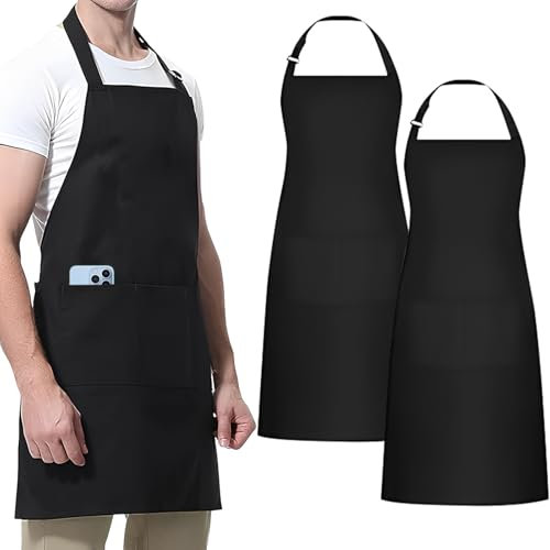 2 Piezas Delantal Chef Negro Ajustable con 3 Bolsillos - Impermeable para Barbacoa, Cocina, Restaurante, Café, Hornear y Jardín - para Hombres y Mujeres