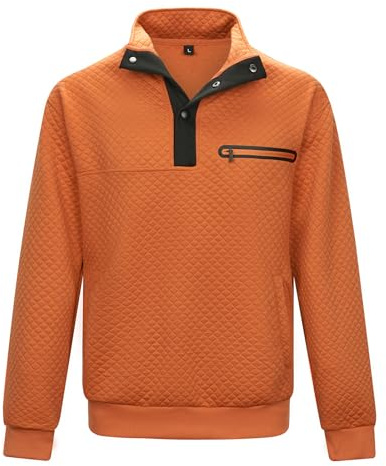 MANLUODANNI Pullover Herren Langarmshirt Herren Sweatshirt Longsleeve mit Taschen Klassisch Pullover Karierten Jacquard Sweatshirt Orange L